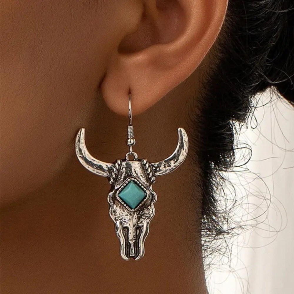 Boho western horn earrings w vintage spell gypsy cowboy/Navajo/Pendleton… - Picture 3 of 15